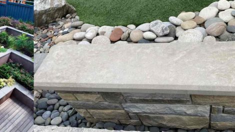 Collage image of seats in an open park with some small stones