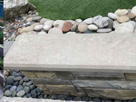 Collage image of seats in an open park with some small stones