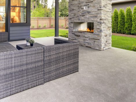 An outdoor space with a fireplace